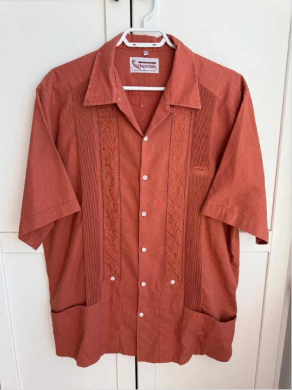 Linen Guayabera Shirt Rust Orange Embroidered Mexican